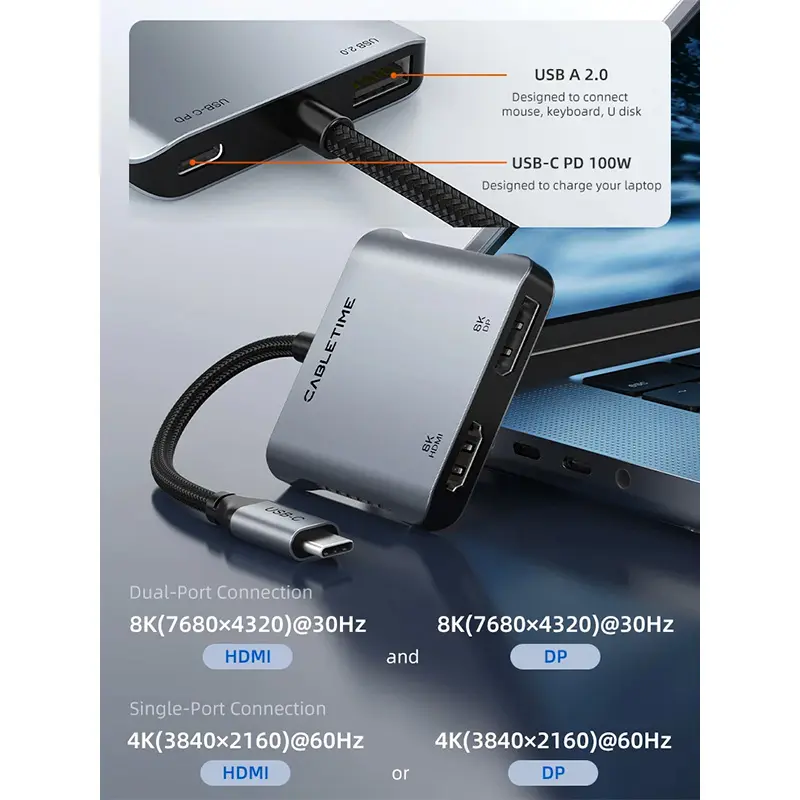 Adaptador USB-C a HDMI/DP Cabletime CB71G 4 en 1, vista 3