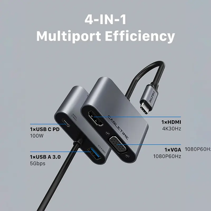 Adaptador USB-C a HDMI/VGA Cabletime CB41G 4 en 1, vista 2