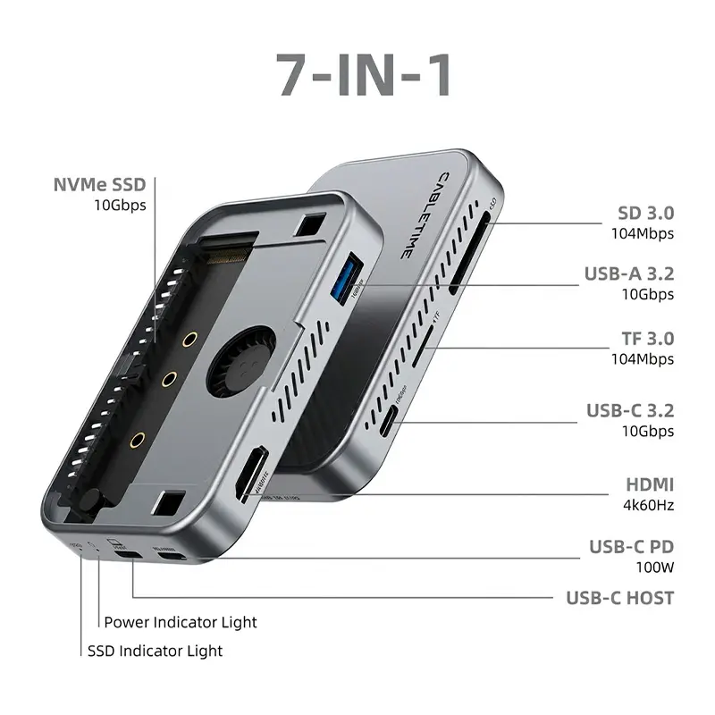 Hub Cabletime CB34S 7 en 1 USB-C magnético, vista 3